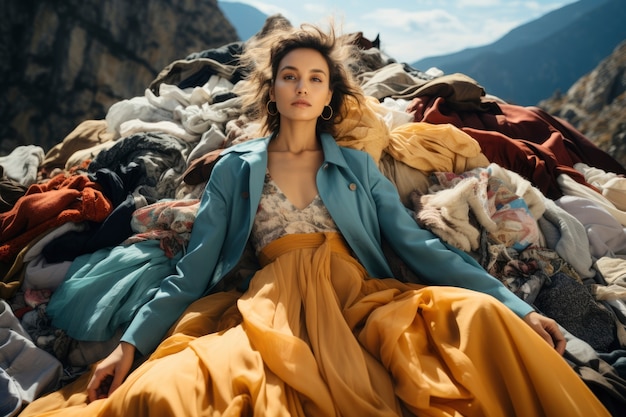 Free Photo close up on woman in front of clothing piles