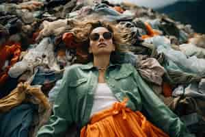 Free photo close up on woman in front of clothing piles