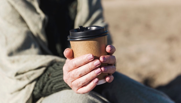 Free photo close-up woman holding cup of coffee