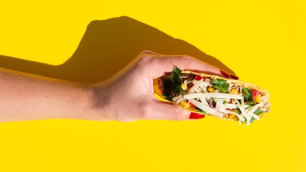 Free Photo close-up woman holding taco with yellow background