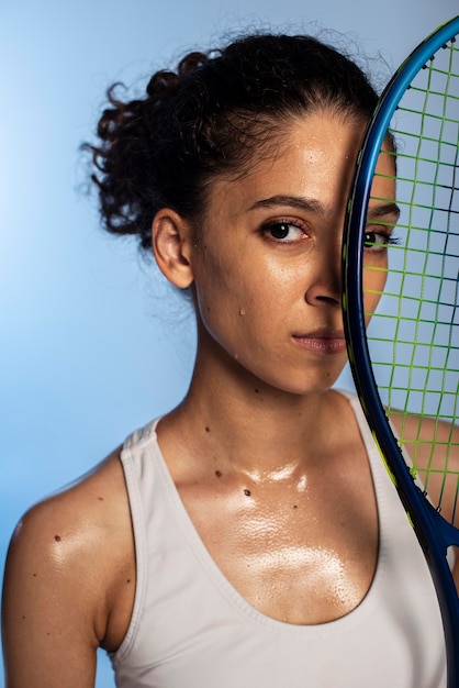 Free photo close up woman holding tennis racket