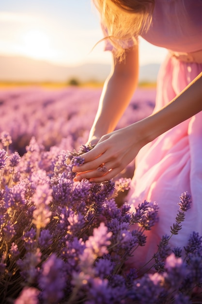 Free photo close up on woman in  lavender field