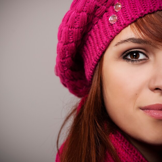 Close up of woman in pink beret