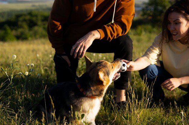 Close up woman playing with dog