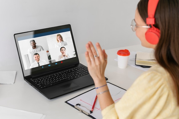 Close up woman talking to employees