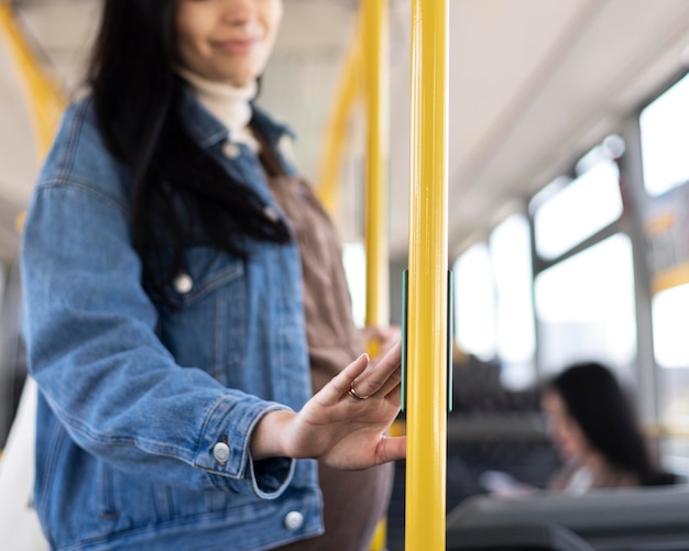 Close up woman traveling by bus