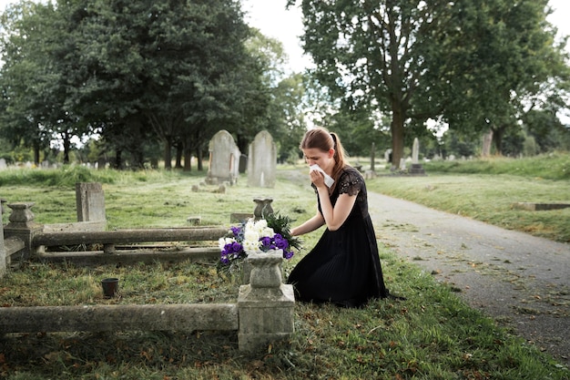 Free Photo close up on woman visiting the grave of loved one