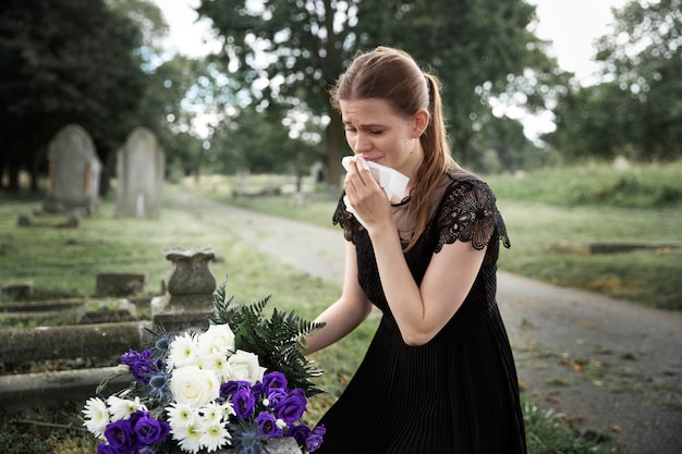 Close up on woman visiting the grave of loved one