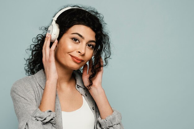 Close-up woman wearing headphones