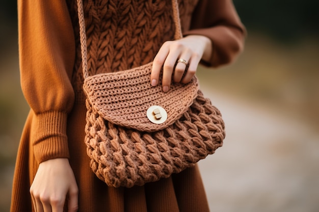 Close up on woman wearing knitted bag