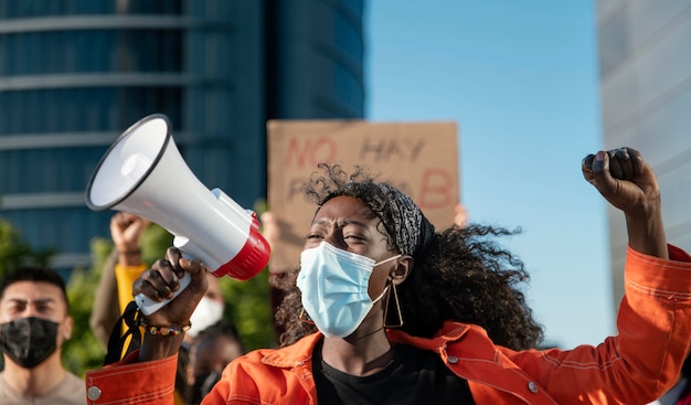 Close up woman wearing mask