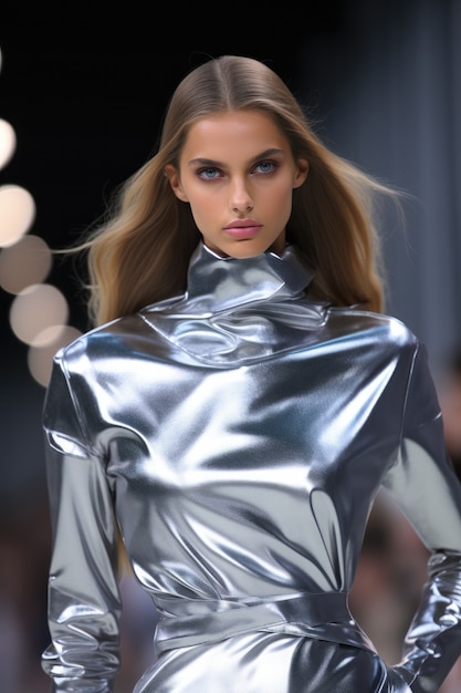 Close up on woman wearing metallic clothing