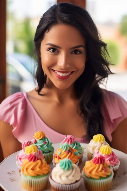 Close up on woman with delicious cupcakes