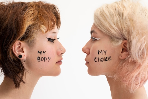 Close up on women expressing revolution message