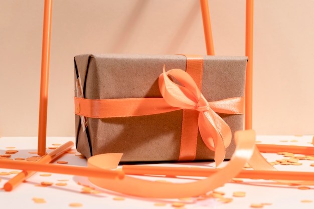 Close-up wrapped gift box on table