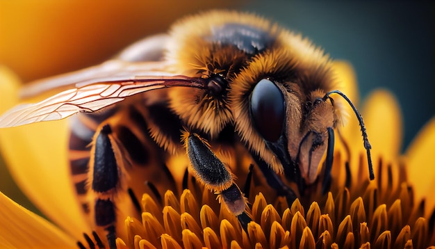 Free Photo close up of a yellow honey bee pollinating flower generative ai