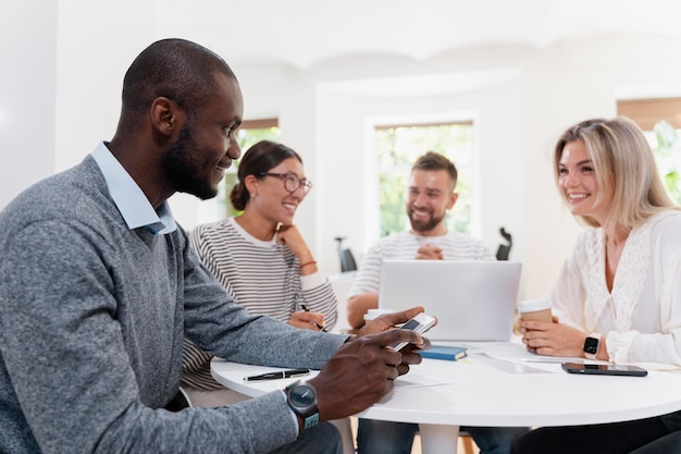 Close up on young colleagues having a meeting