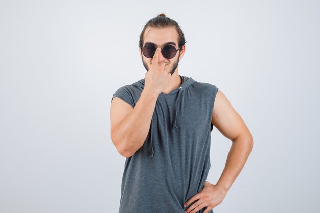 Close up on young man gesturing isolated