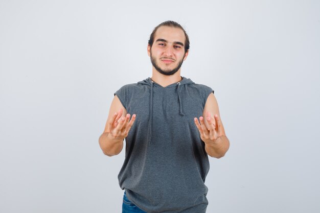 Close up on young man gesturing isolated