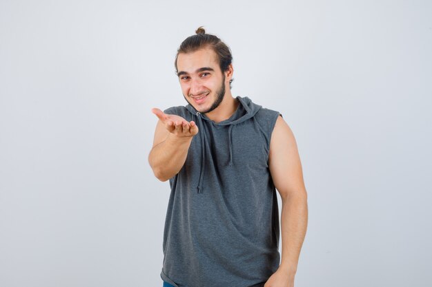 Close up on young man gesturing isolated