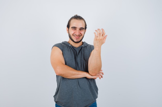 Close up on young man gesturing isolated