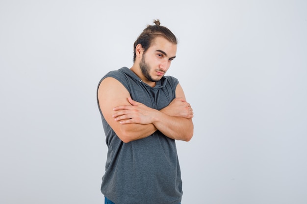 Close up on young man gesturing isolated