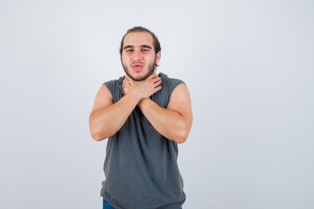 Close up on young man gesturing isolated