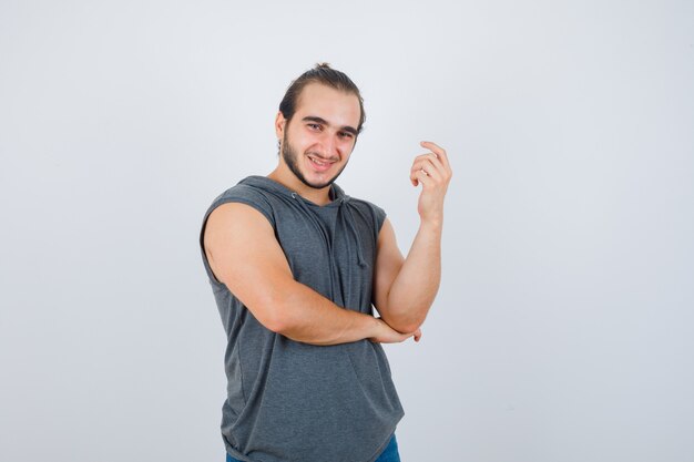 Close up on young man gesturing isolated