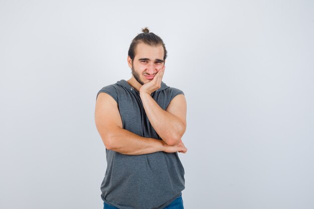 Close up on young man gesturing isolated