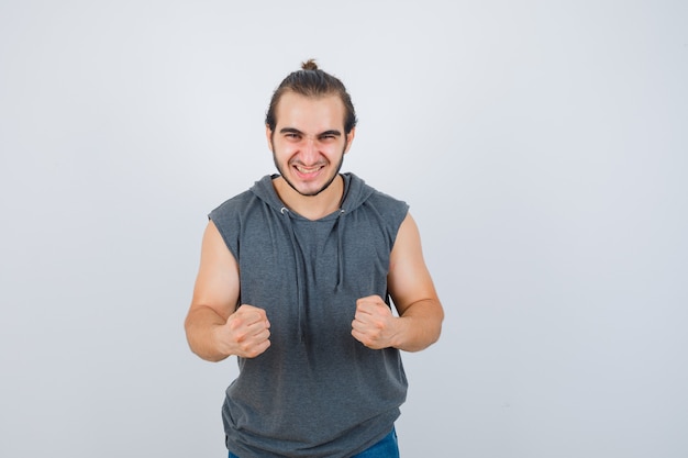 Close up on young man gesturing isolated