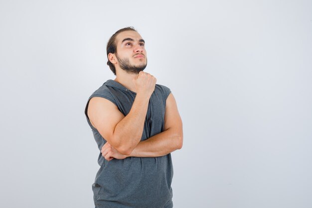 Close up on young man gesturing isolated