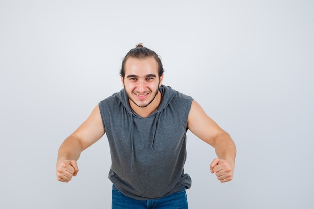 Close up on young man gesturing isolated