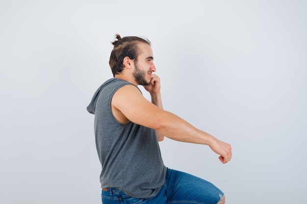 Close up on young man gesturing isolated