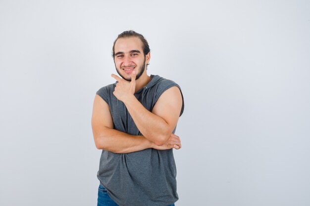 Close up on young man gesturing isolated