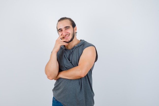 Close up on young man gesturing isolated