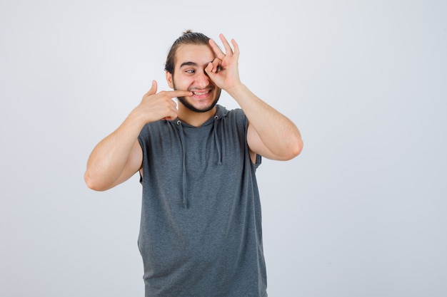 Close up on young man gesturing isolated