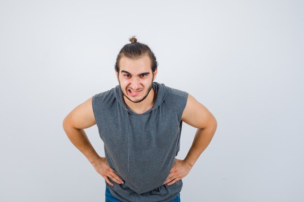 Close up on young man gesturing isolated