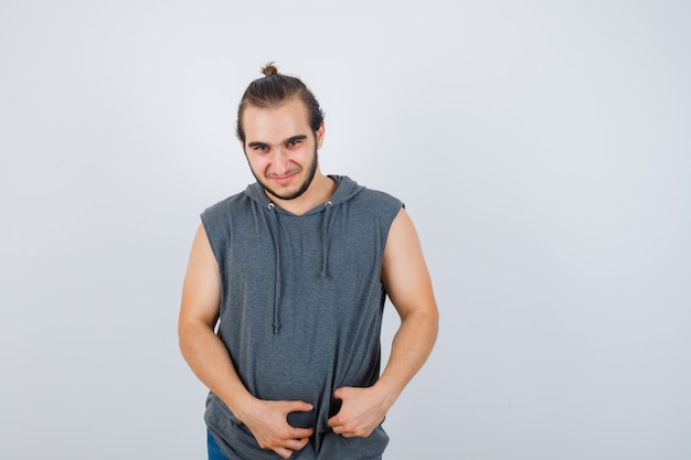 Close up on young man gesturing isolated