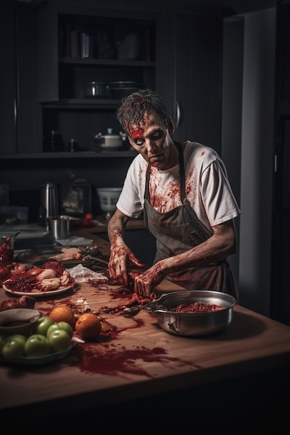 Free Photo close up on zombie cooking