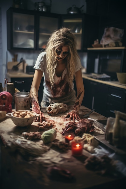 Free Photo close up on zombie cooking