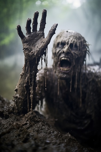 Close up on zombie getting out of dirt