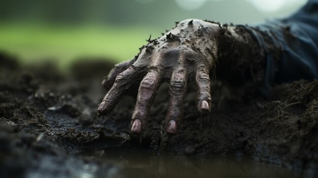 Close up on zombie hand getting out of dirt