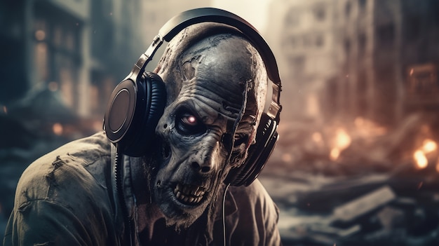 Free Photo close up on zombie listening to music