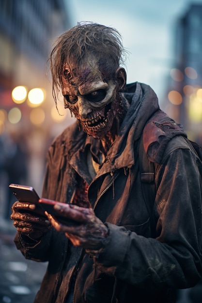 Close up on zombie looking at smartphone