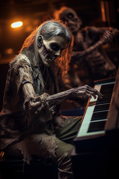 Free photo close up on zombie playing piano