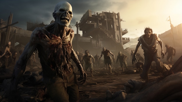 Free Photo close up on zombies walking in destroyed city