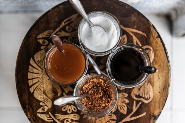 Closeup of Asian noodle seasoning set