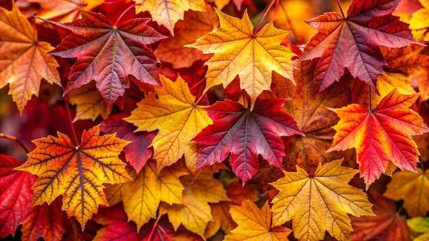 Closeup of autumn leaves in vibrant red yellow and orange hues