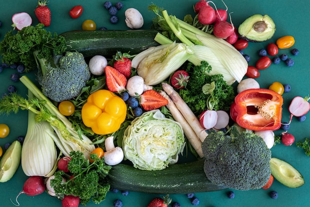 Closeup bright fresh vegetables fruits and berries