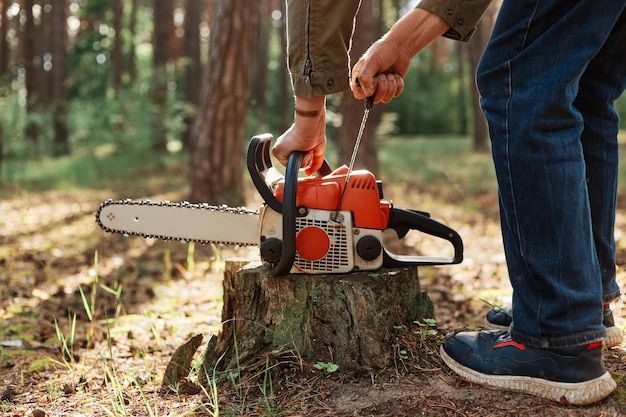 Free Photo closeup of chainsaw on wooden stump, faceless woodsman start saw